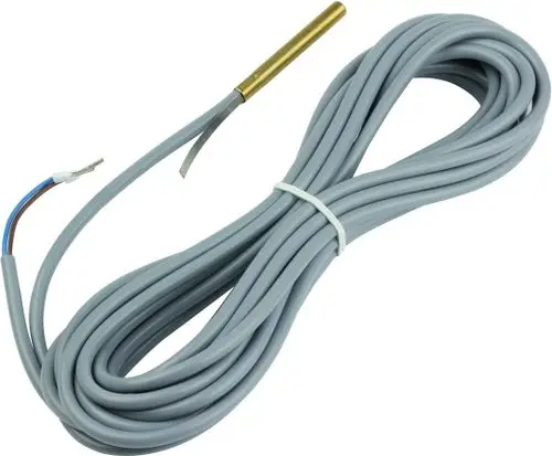 Graues Temperaturfühlerkabel mit einem Metallende, das für Bosch-Systeme geeignet ist. Am Ende befinden sich offene Kabeladern zur Anschlussmöglichkeit.
